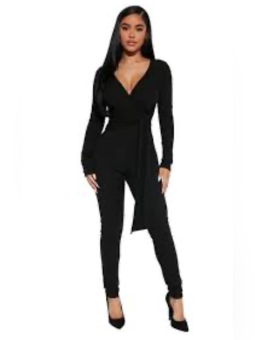 Fashion Nova Black Ribbed Wrap-Front Jumpsuit with Tie Waist